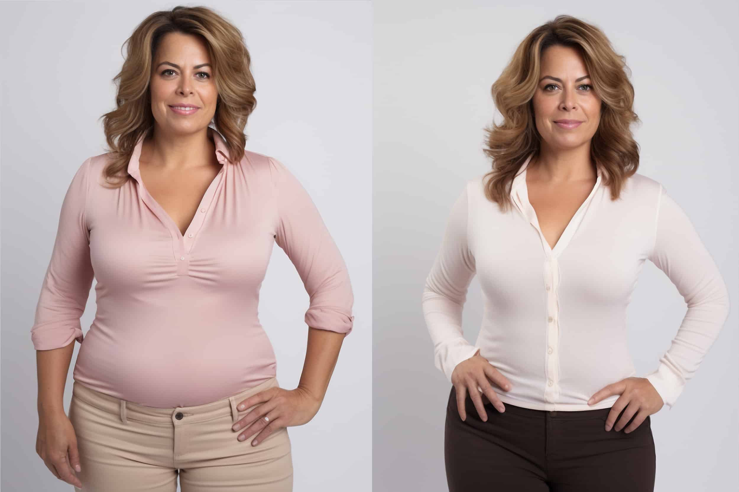 Before-and-after photos illustrating drug-free weight loss success